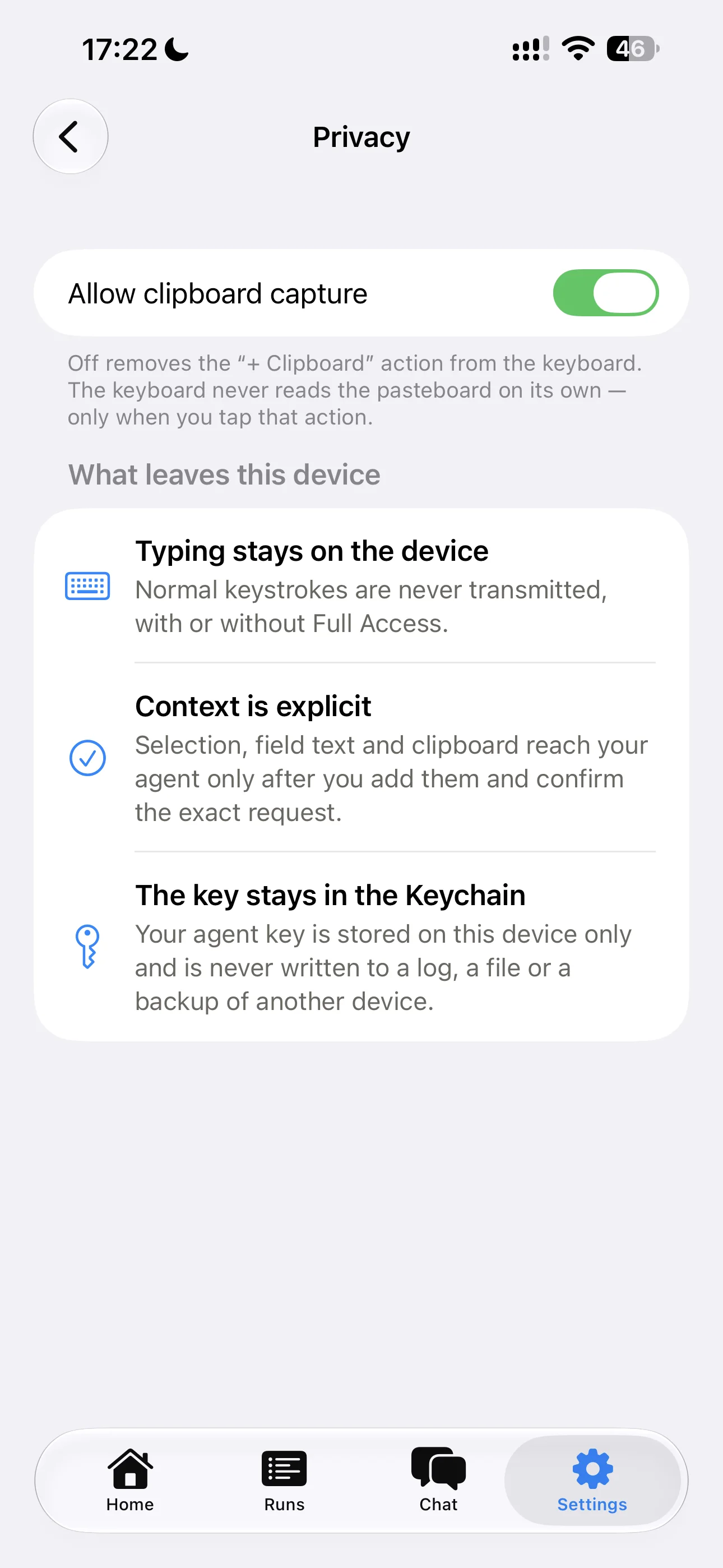 Privacy: what leaves this device, written out in the app.