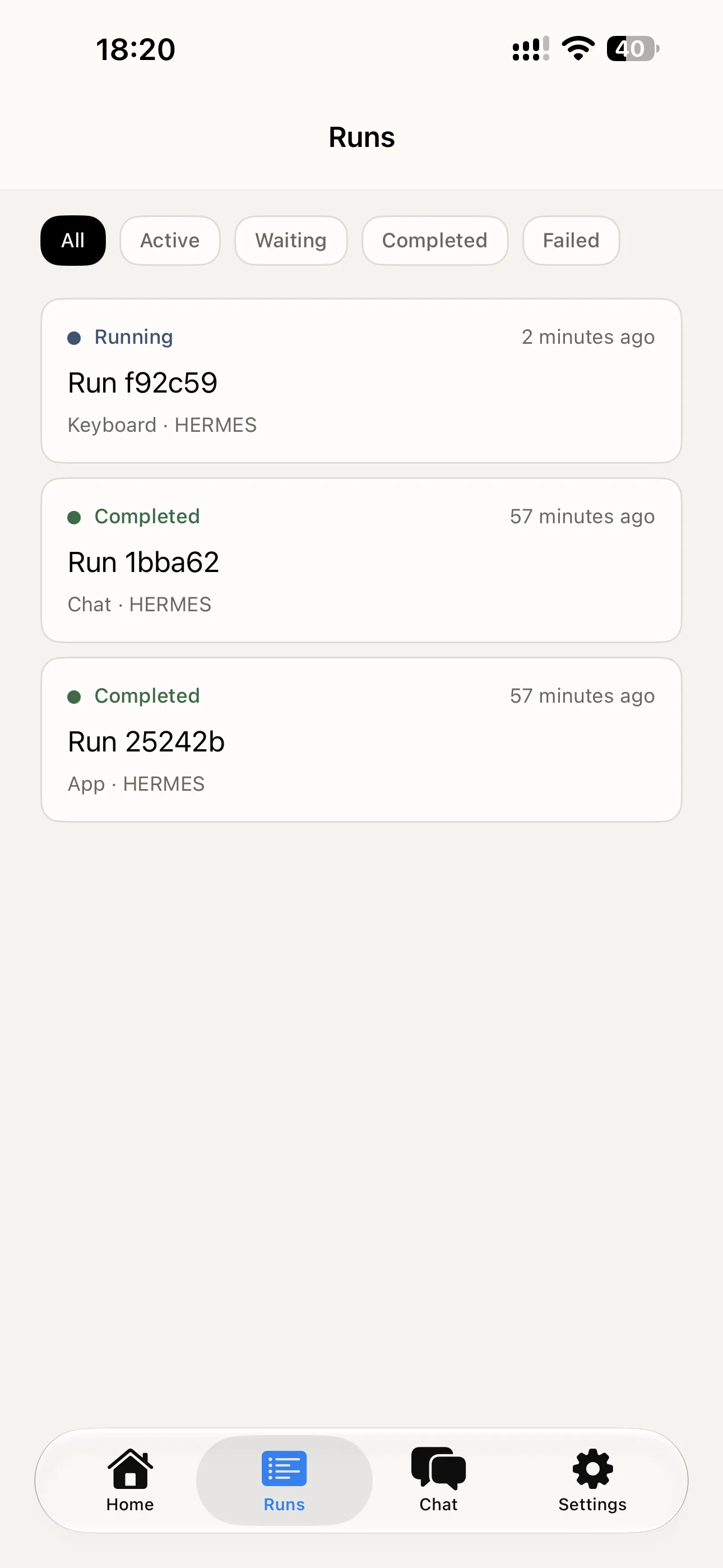 Runs: three runs from three places, one still running.