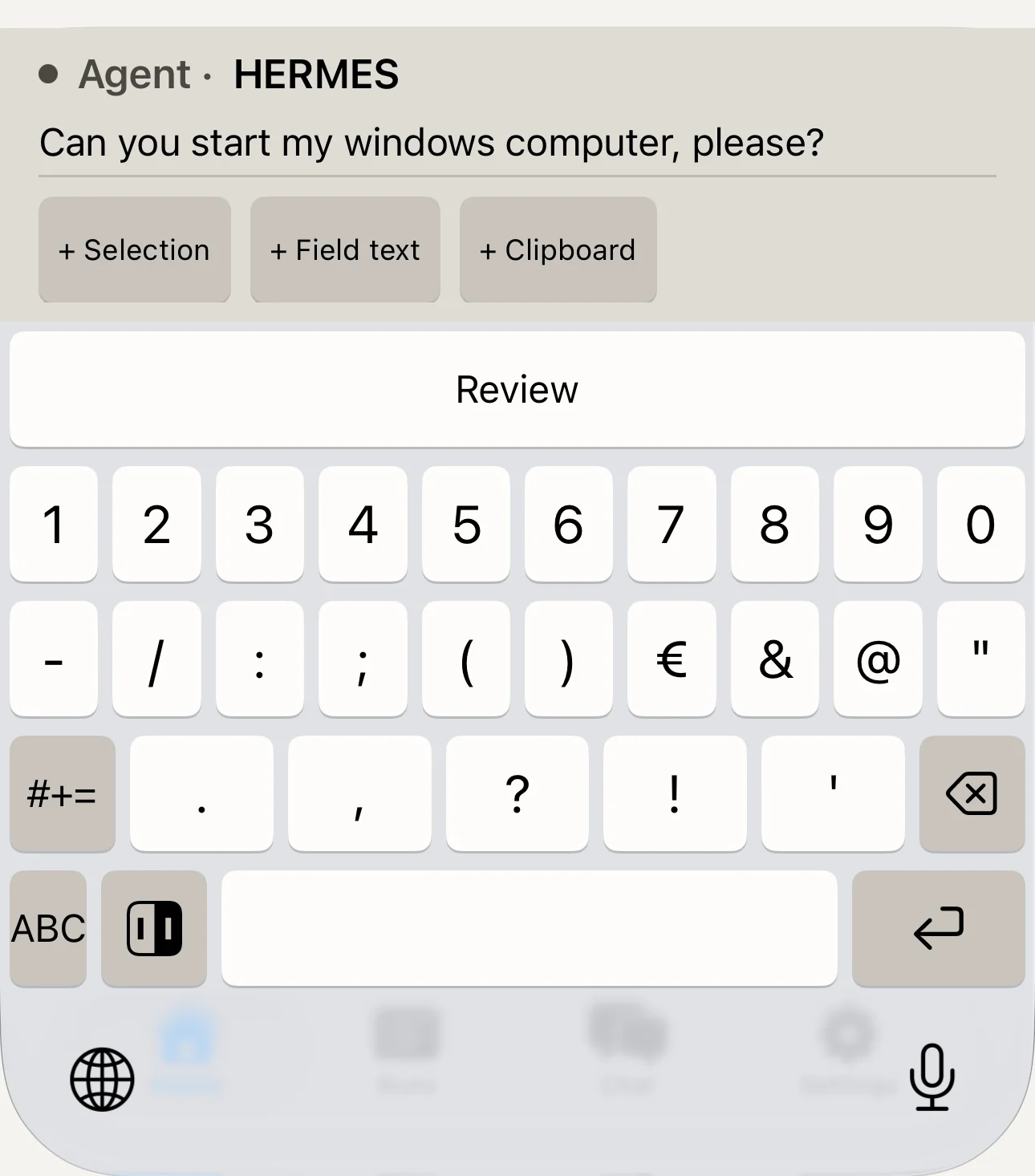 Agent Mode: the request written, plus Selection, plus Field text, plus Clipboard, and the wide Review button.