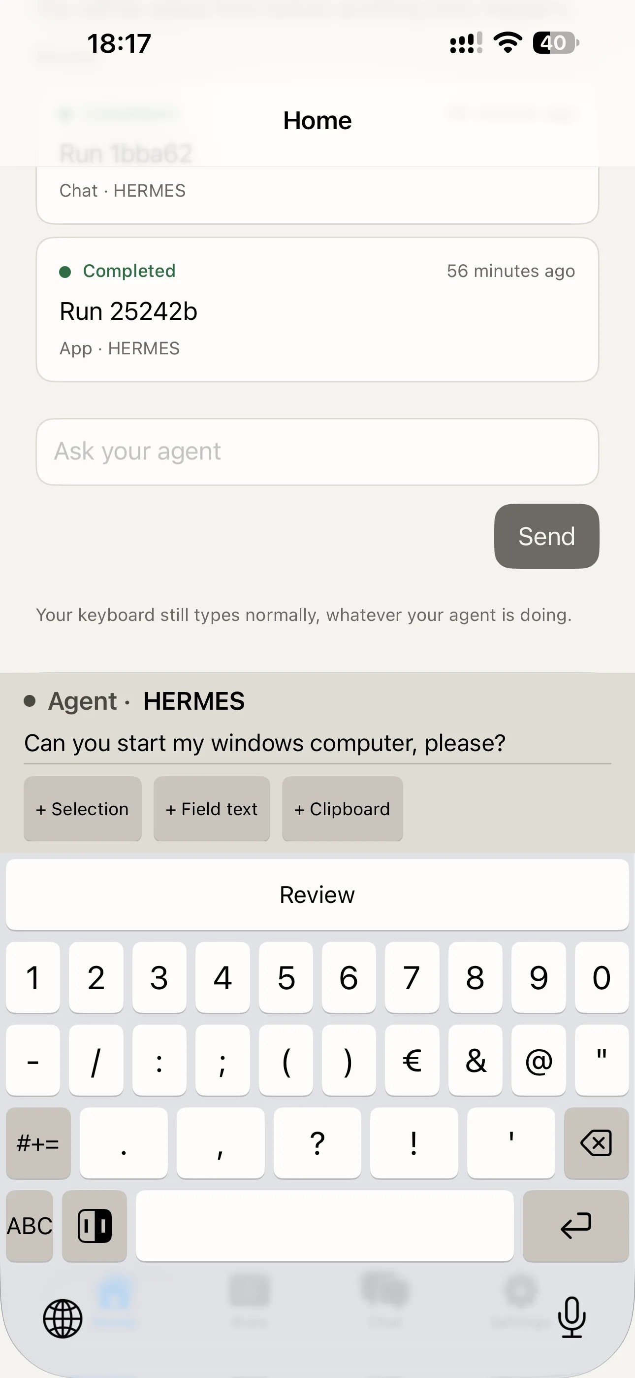 Agent Mode open over a text field: the agent named on the bar, the written request, three context actions and a Review button.