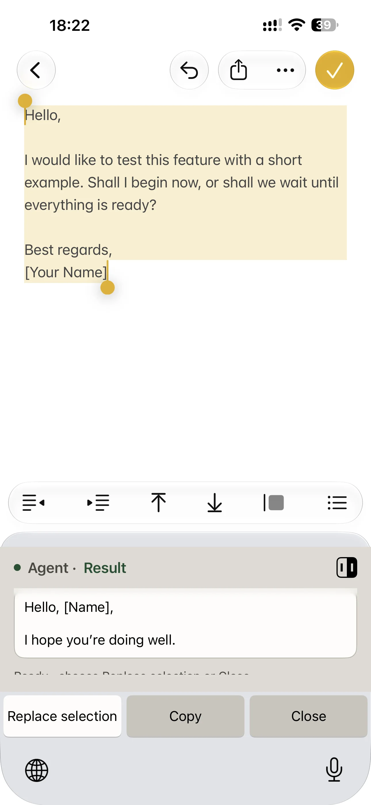 The answer under a selection in another app, with Replace selection, Copy and Close.